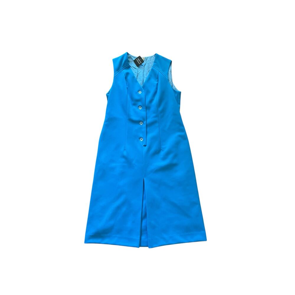 1970s Vintage Diolen Bright Blue Structured Button Up Knit Midi Dress Size 44
